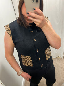 Elise Leopard Trim Waistcoat Black